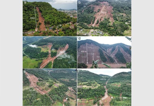 Deslizamentos de terra e fluxos de detritos registrados por fotografias aéreas e de levantamento de campo nos municípios de Santa Maria, Picada Café, Cotiporã e Santa Tereza | Reprodução