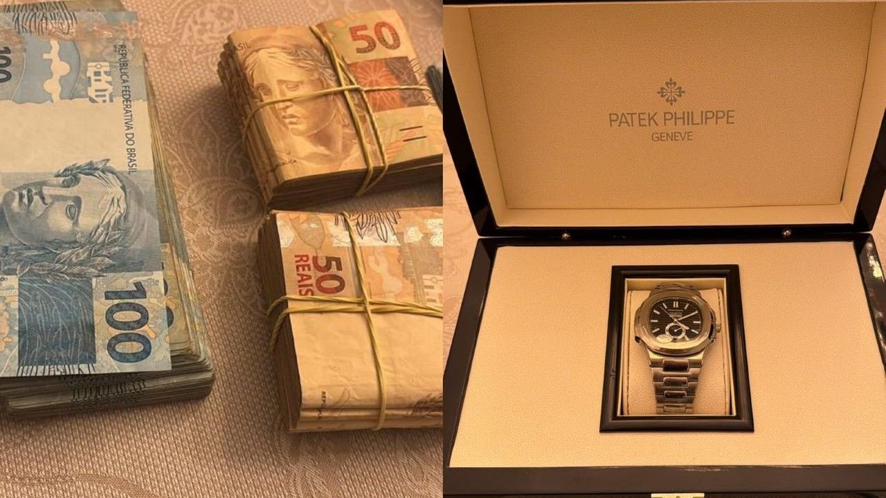 Dinheiro em espécie e relógio de luxo encontrados pela PF durante buscas em endereços de alvos | Divulgação/Polícia Federal