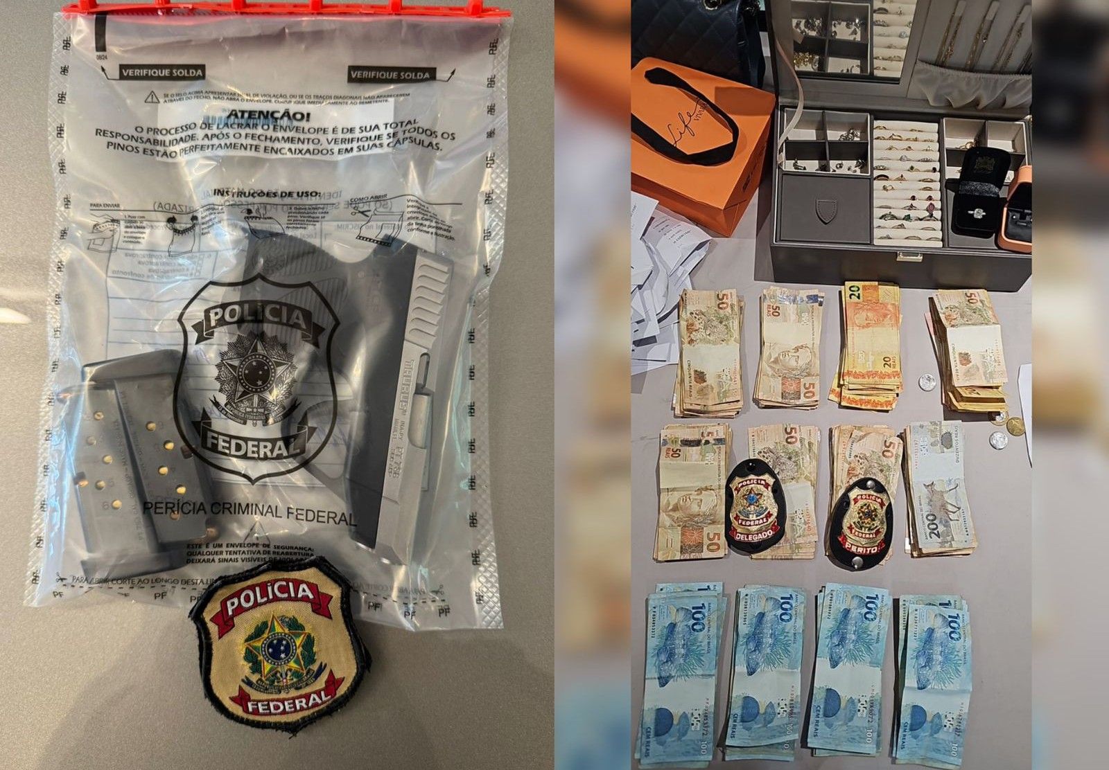 Dinheiro vivo, joias e arma: itens apreendidos pela PF na terceira fase da operação Compliance Zero | Divulgação/Polícia Federal