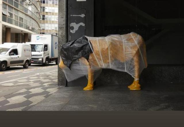 Escultura de vaca magra amarela encapada com papel preto e transparente encostada na parede
