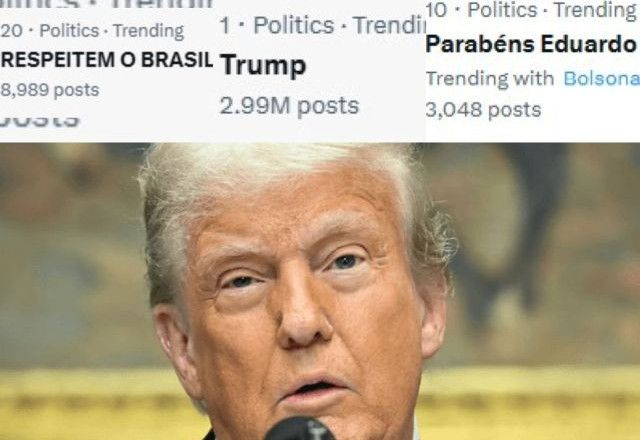 Estudo da Nexus analisa reação nas redes sociais ao tarifaço de Trump ao Brasil | Reprodução/X/Twitter e Reprodução/Jim Watson/AFP
