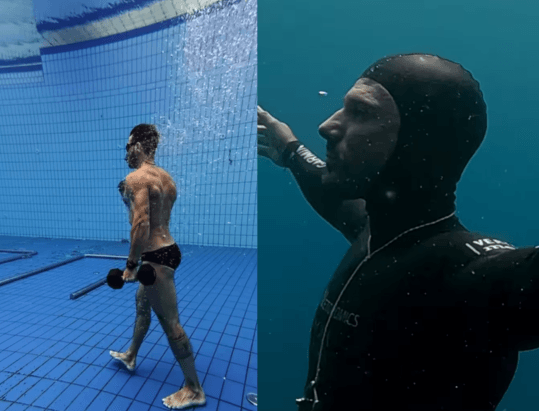 Vitomir Maričić prendeu a respiração para estabelecer um novo recorde mundial de 29 minutos e três segundos, deitado no fundo de uma piscina de 3 metros de profundidade | Reprodução