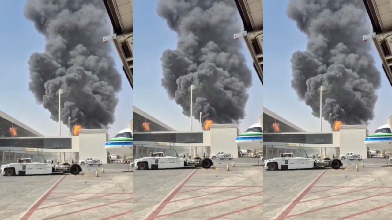 Fumaça e chamas no aeroporto Rei Khalid, em Riad, na Arábia Saudita | Redes sociais/via Reuters