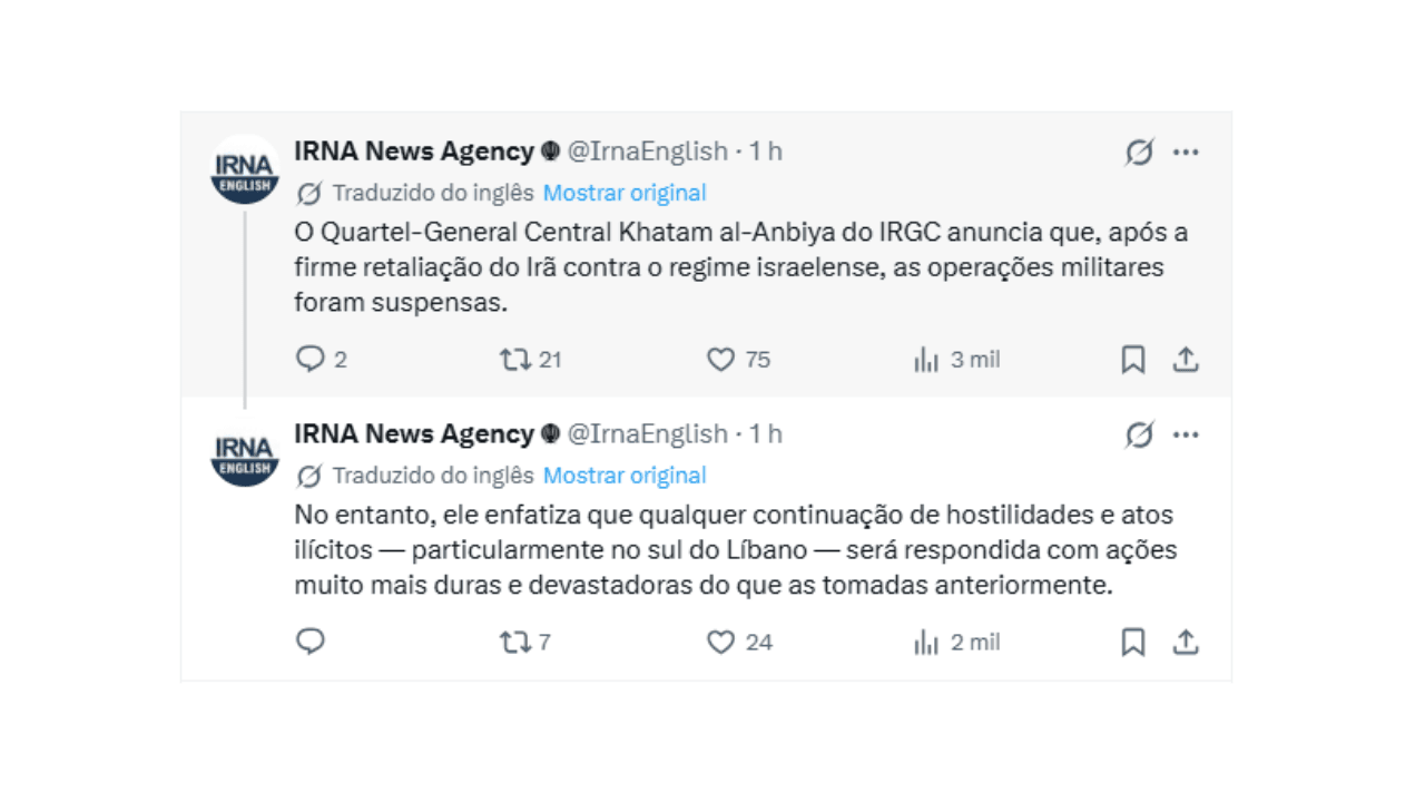 Postagem da agência iraniana Irna | Reprodução