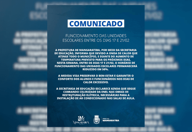 Devido à onda de calor, a prefeitura de Mangaratiba reduziu em 50% o horário de funcionamento das escolas nesta semana | Reprodução/Instagram