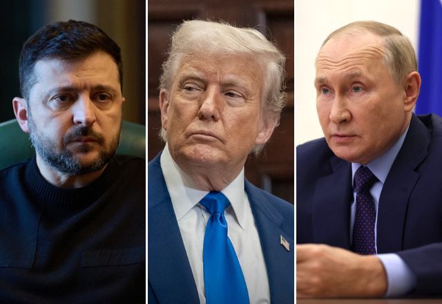Presidentes da Ucrânia, Volodymyr Zelensky, dos EUA, Donald Trump e da Rússia, Vladimir Putin | Reprodução