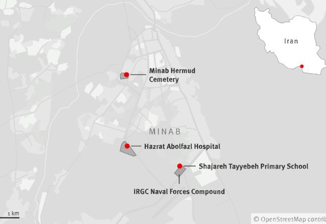 Mapa da cidade de Minab, incluindo a Escola Shajareh Tayyebeh, o Complexo das Forças Navais do IRGC e o Cemitério Minab Hermud | HRW