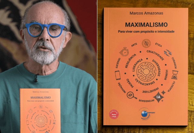 Marcos Amazonas segura seu primeiro livro, 'Maximalismo' | Fotos: Reprodução Instagram/Arquivo pessoal