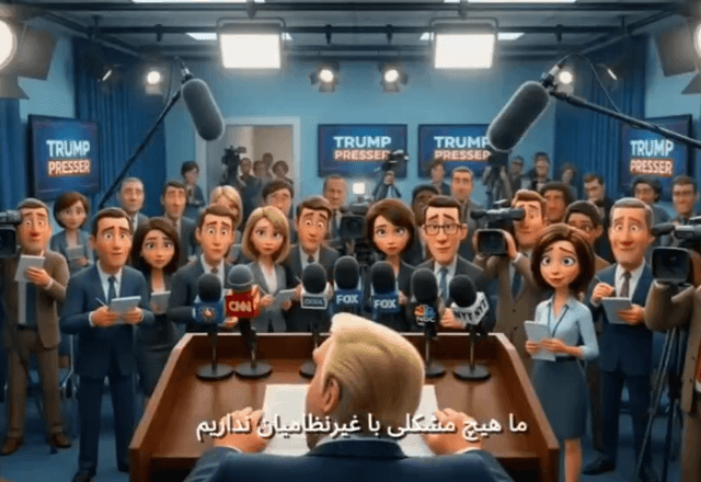 Presidente dos EUA, Donald Trump, aparece em coletiva de imprensa em vídeo produzido pelo governo iraniano com IA | Foto: Reprodução/X/@IRAN_in_NL - 12.03.2026