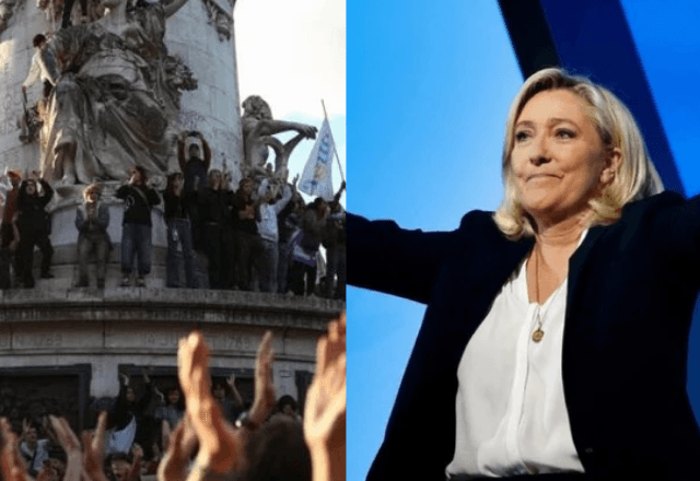 Franceses vão às ruas protestar contra extrema-direita, liderada por Marine Le Pen |  Montagem/Reprodução/Redes Sociais