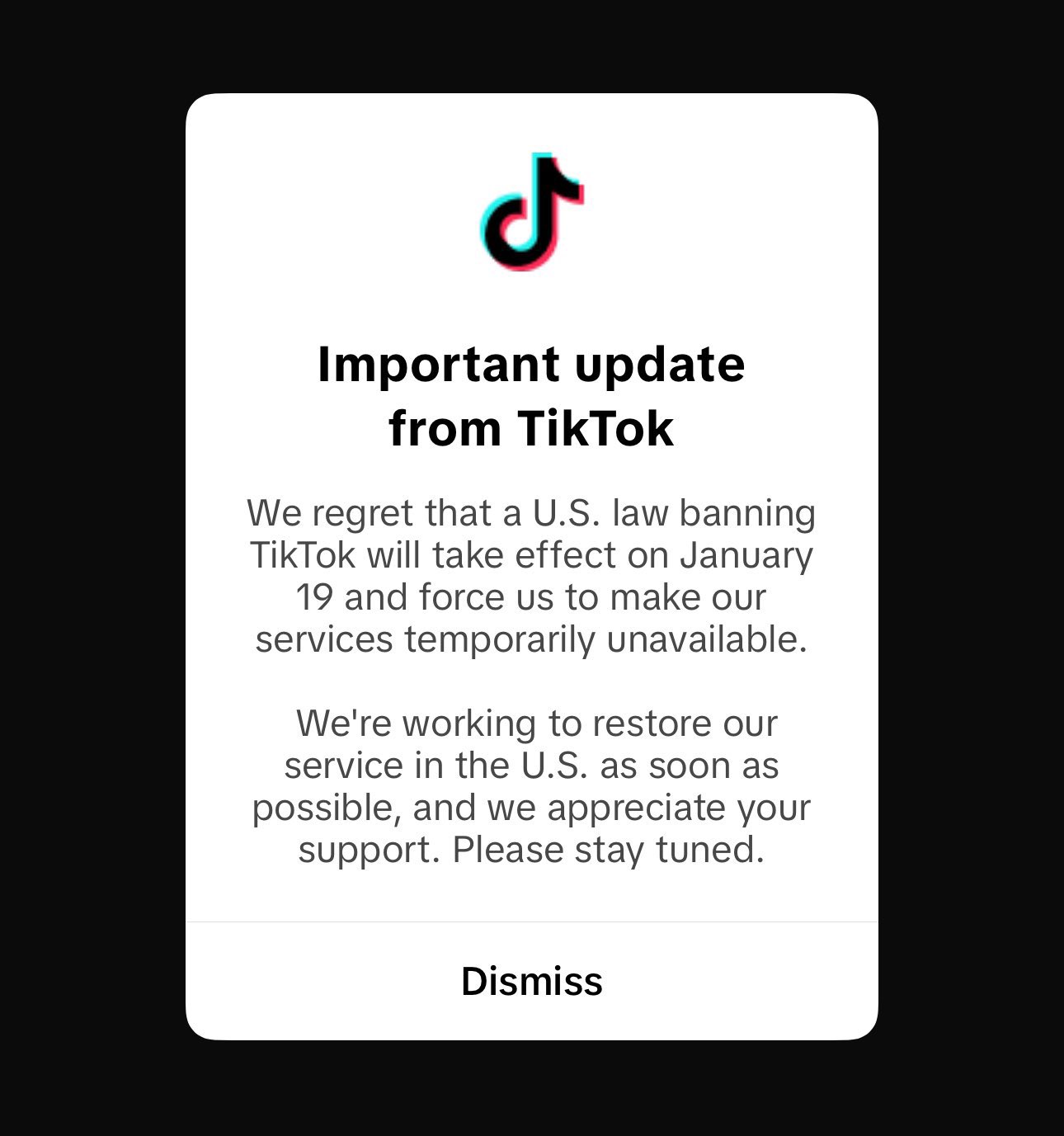 Prestes a sair do ar nos Estados Unidos, Tik Tok exibe mensagem que ficará temporariamente 'indisponível' | Foto: Reprodução 