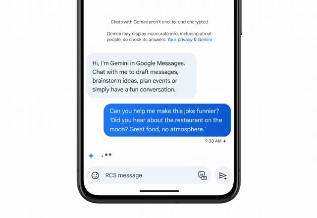 Tela mostra a interação do Mensagens já integrado com o Gemini | Divulgação/Google