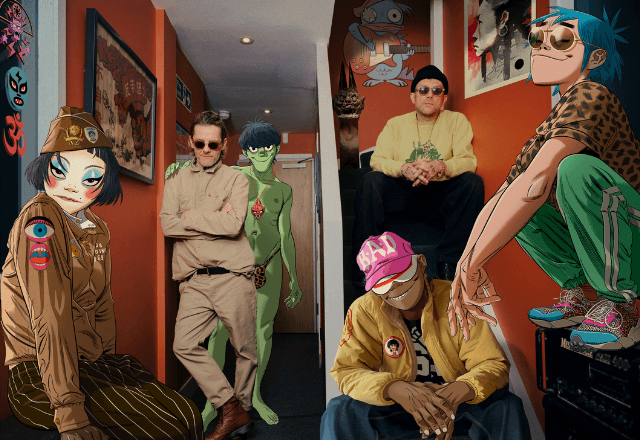 Entre virtuais e reais, os membros do Gorillaz: Noodle, Jamie Hewlett, Murdoc, Russel, Damon Albarn e 2D (esq. p. dir.) | Gorillaz e Reuben Bastienne-LewisI