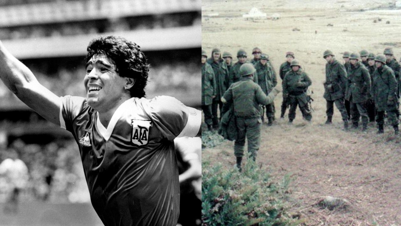 Maradona comemora gol na Copa de 1986, e soldados argentinos durante a Guerra das Malvinas, em 1982 | Reuters / Wikimedia Commons