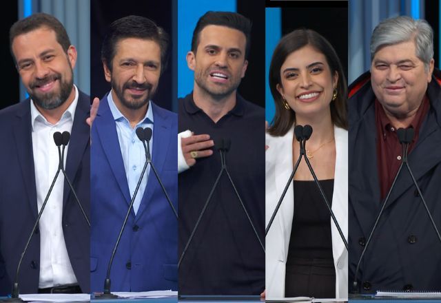 Guilherme Boulos, Ricardo Nunes, Pablo Marçal, Tabata Amaral e José Luiz Datena em debate da Globo entre candidatos à prefeitura de São Paulo. Foto: Reprodução