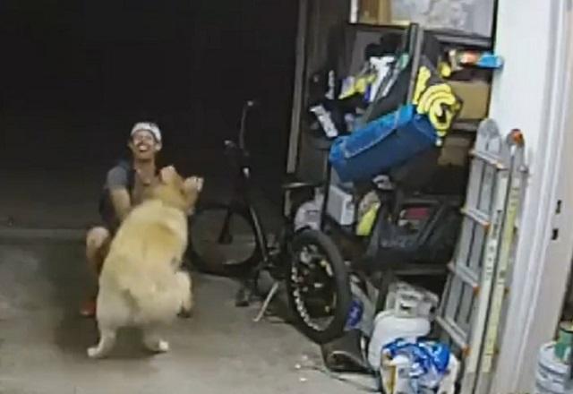 Homem de bermuda e boné rindo ao fazer carinho em cachorro, dentro de garagem, ao lado de bicicleta