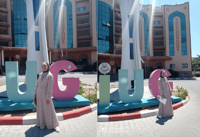 Huda Skaik posa em frente à Universidade Islâmica de Gaza, onde cursa literatura inglesa, em registro feito antes da guerra.png