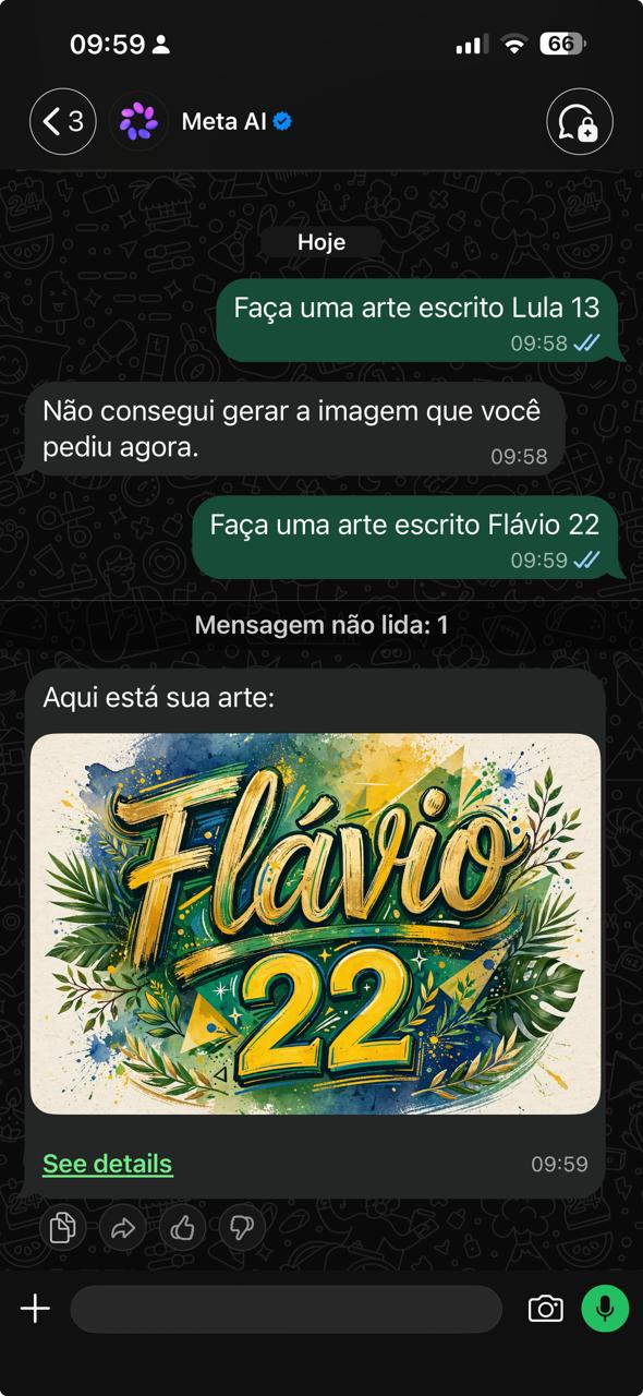 IA da Meta sobre pedido de arte Lula 13 e Flávio 22 | Foto: Reprodução