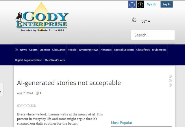 IA é uma máquina avançada de plágio, relata editorial de jornal | Reprodução/Cody Enterprise