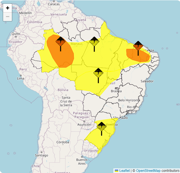 Alerta laranja para chuvas intensas em 8 estados do Brasil | Reprodução/Inmet