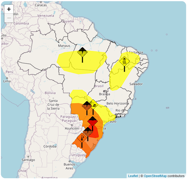 Grande parte do país está em alerta para tempestades, chuvas intensas, baixa umidade e vendaval neste domingo (21) | Reprodução/Inmet
