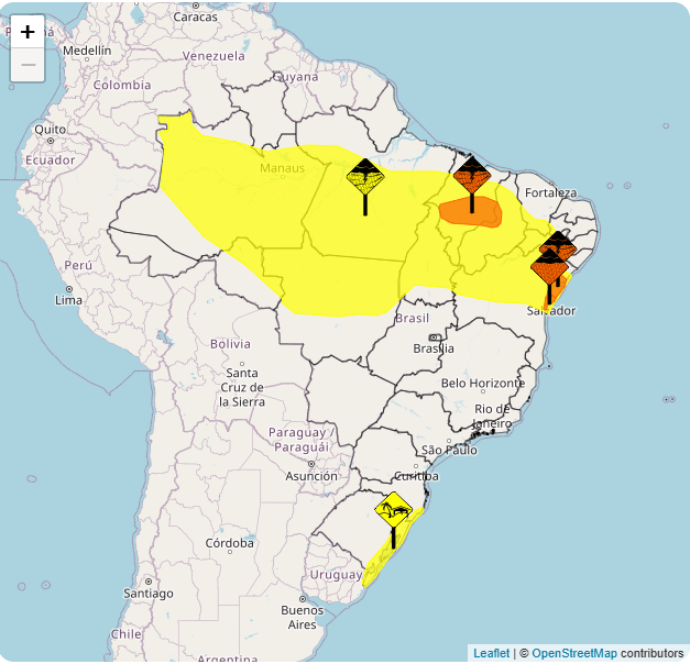 Grande parte do país está em alerta amarelo para chuvas intensas; RS e SC tem perigo potencial de ventos costeiros | Reprodução/Inmet