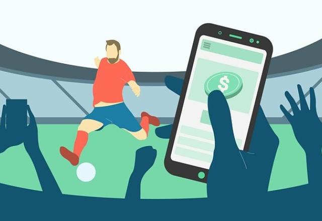 Ilustração de jogo de futebol com pessoas apostando em celular