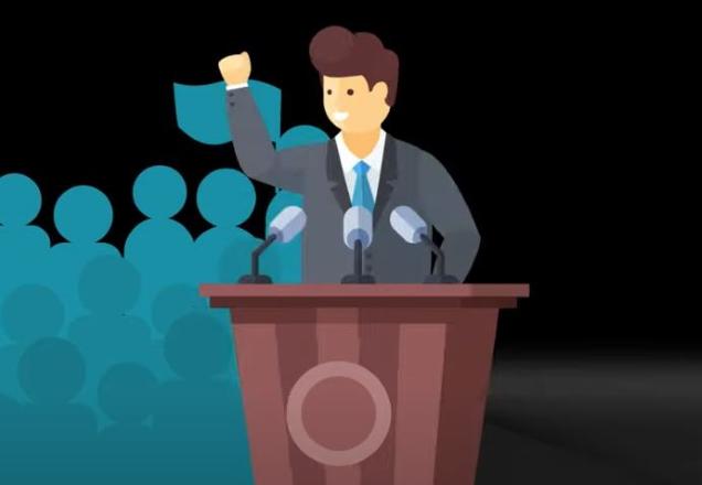 Ilustração de um político discursando, cercado de apoiadores