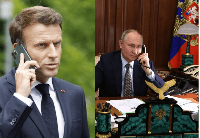 Emmanuel Macron e Vladimir Putin falando ao telefone | Foto: reprodução/AFP e Kremlin