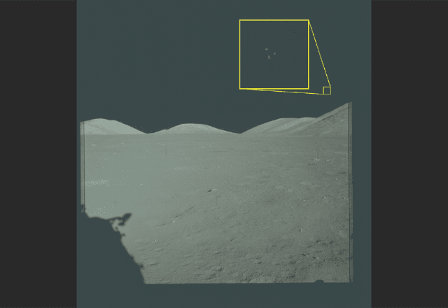 Imagens de arquivo da missão Apollo 17 à Lua. A caixa amarela contém uma área ampliada da foto original, na qual três luzes são visíveis acima do terreno lunar. | Dovulgação/Nasa