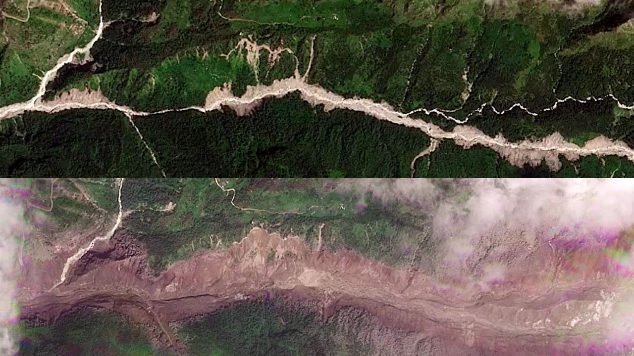 Imagens de satélite mostram uma torrente de rochas e lama em um vale montanhoso no Nepal. | Reprodução/Reuters
