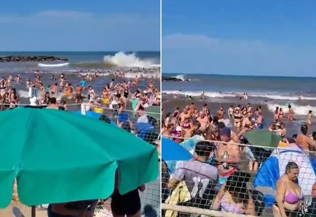 Imagens divulgadas no X mostram o momento em que onda atinge banhistas | Reprodução