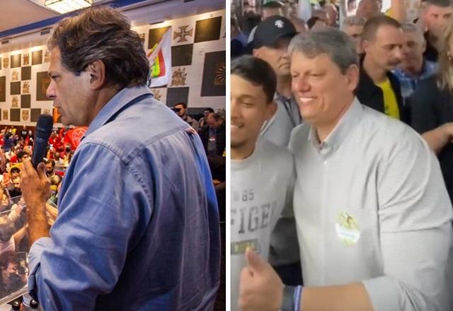 Haddad falando ao microfone à dir. e Tarcísio de Freitas fazendo sinal de positivo à esq., em montagem (Divulgação/Fernando Haddad/Reprodução/Instagram)