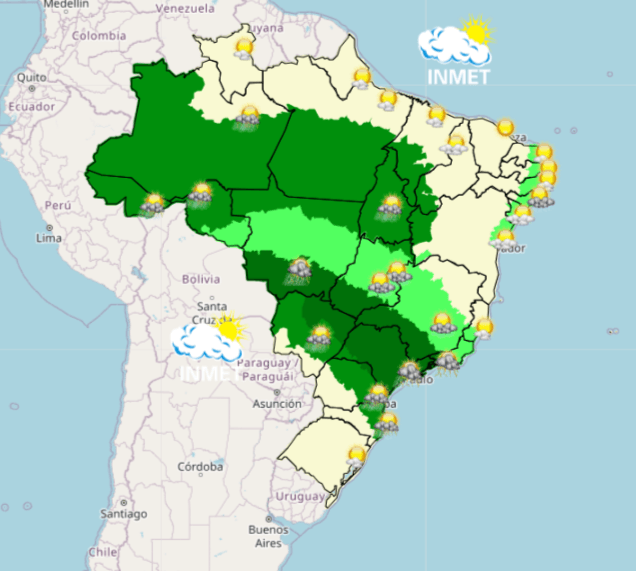 Grande parte do país tem previsão de chuva na tarde desta segunda-feira (22) | Reprodução/Inmet