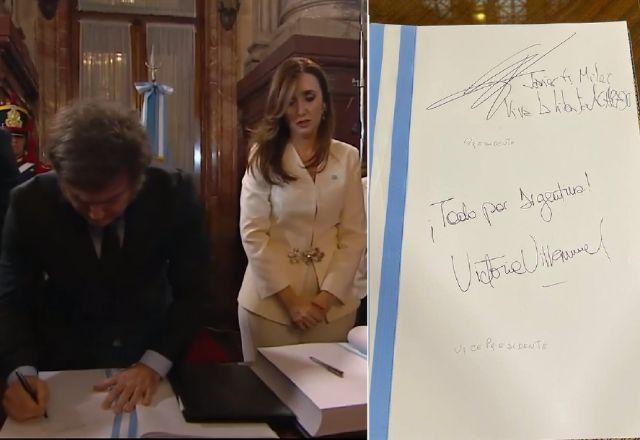Javier Milei assina livro de presença no Congresso Nacional