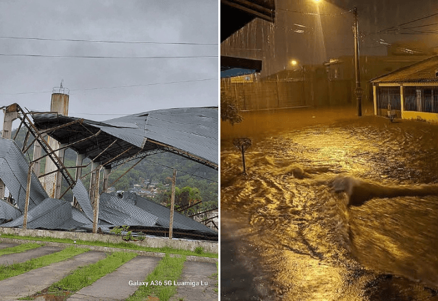 Á esquerda, teto da Vila Olímpica de Juquiá foi destelhado; á direita, rua alagada em Ubatuba | Reprodução Defesa Civil do Estado SP