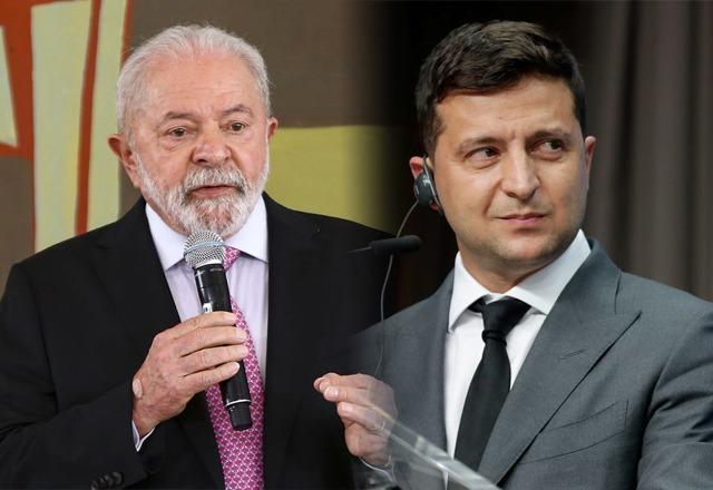 Lula falando ao microfone, à esq., e Volodymyr Zelensky, à dir. em montagem (Reprodução)
