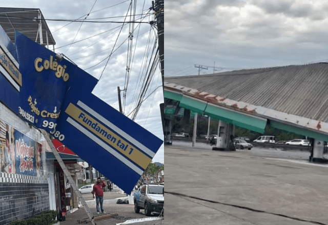 Em Santos, fachada de um colégio foi arrancada, enquanto em Praia Grande, o teto de um posto desabou | Newiton Sousa/VTV SBT