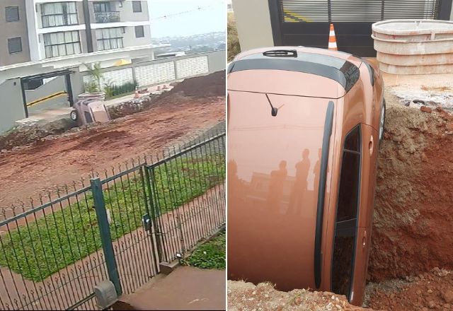 Vídeo: motorista cai em cratera de obra pública ao sair de garagem de prédio