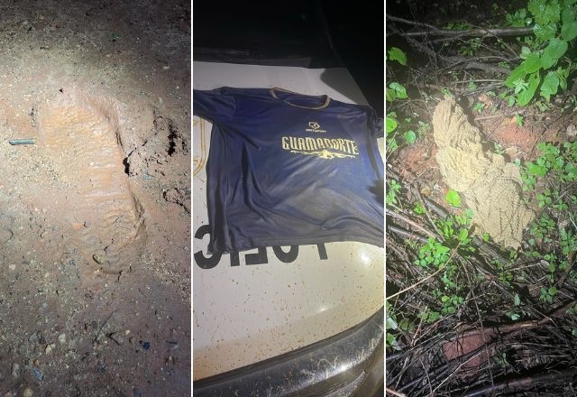 Da esq. para a dir., pegada, camiseta e toalha encontradas durantes buscas por presos que fugiram de penitenciária em Mossoró, em montagem (Reprodução/Senappen)
