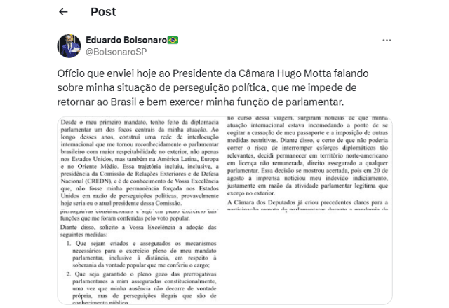 Post de Eduardo Bolsonaro sobre mandato | Reprodução