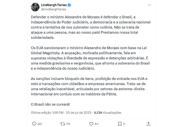 Postagem de Lidbergh Faria | Reprodução