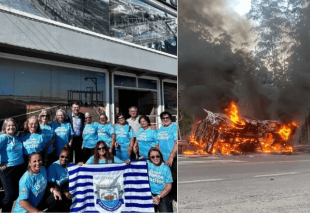 Grupo de dança da terceira idade; ao lado, acidente com micro-ônibus | Redes sociais