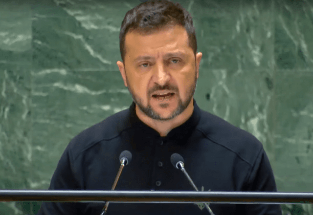 Volodymyr Zelensky em discurso na ONU | Reprodução/ONU