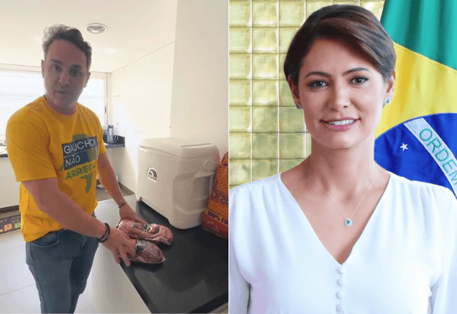 Deputado mostra as carnes para o churrasco; à direita, Michelle Bolsonaro | Reprodução