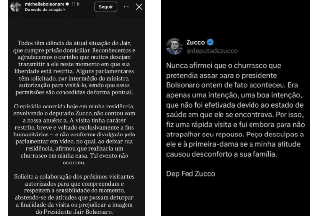 Postagens de Michelle e de Zucco | Reprodução/redes sociais