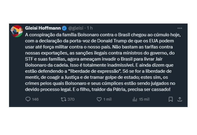 Post de Gleisi sobre família Bolsonaro e Trump | Reprodução