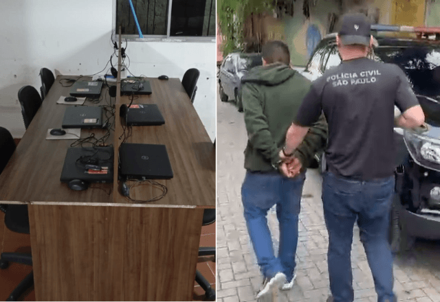 Central falsa; ao lado, homem preso durante operação | Divulgação