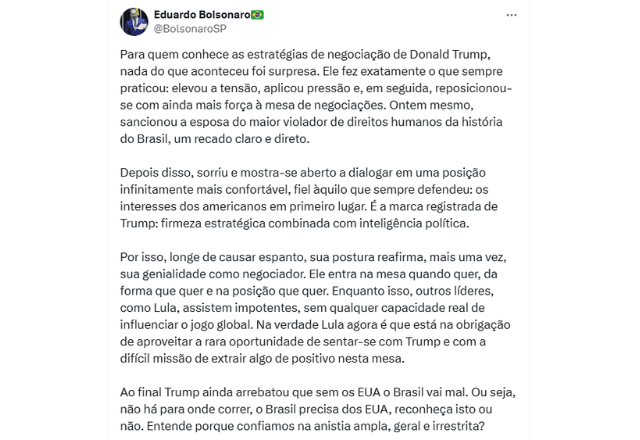 Post de Eduardo Bolsonaro sobre Trump | Reprodução