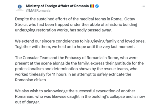 Romênia publica informações sobre a morte do trabalhador na Itália | Reprodução/X